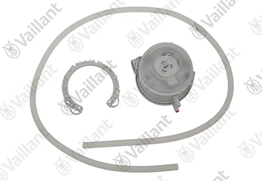 Vaillant Druckwächter mit Anschluss- und Verbindungsteilen, bestehend aus einem Gehäuse, einem Schlauch und einer Halterung.